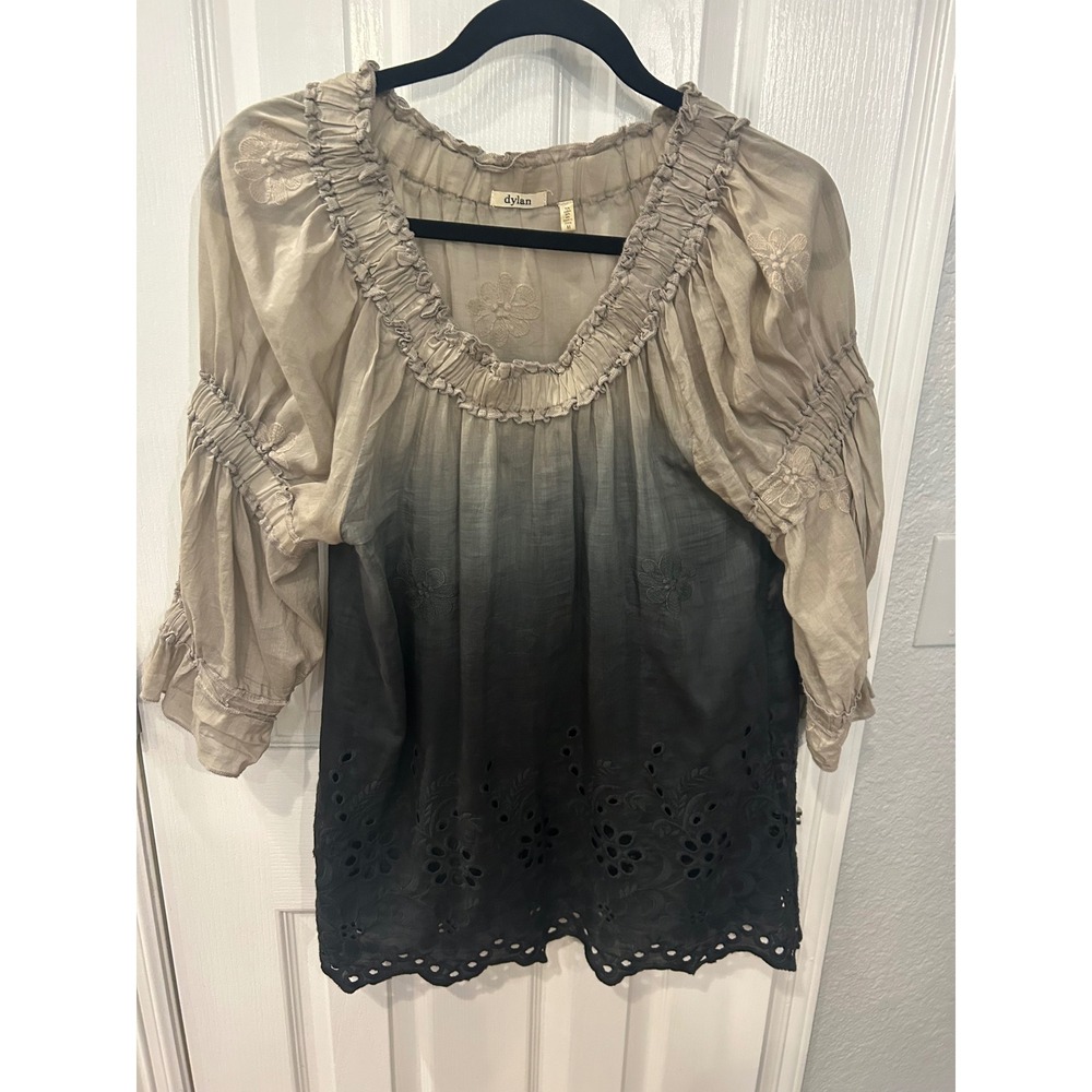 Dylan‎ Blouse Taupe Ombre Silk Blend Eyelet Embroidered Boho Smocked Top
